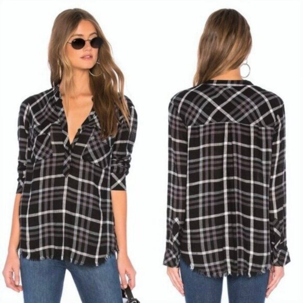 Rails Anthropologie Plaid Black White Gray Redding Button Down Top Blouse Shirt